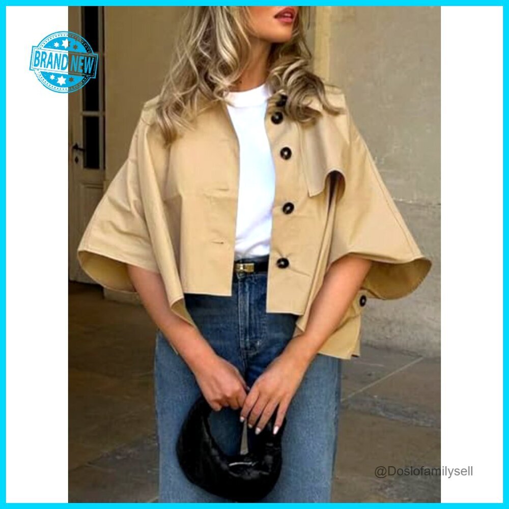 Oversized Cropped Trench Coat Single Breasted 3/4 Cape Sleeve Chic Outerwear - Picture 4 of 7